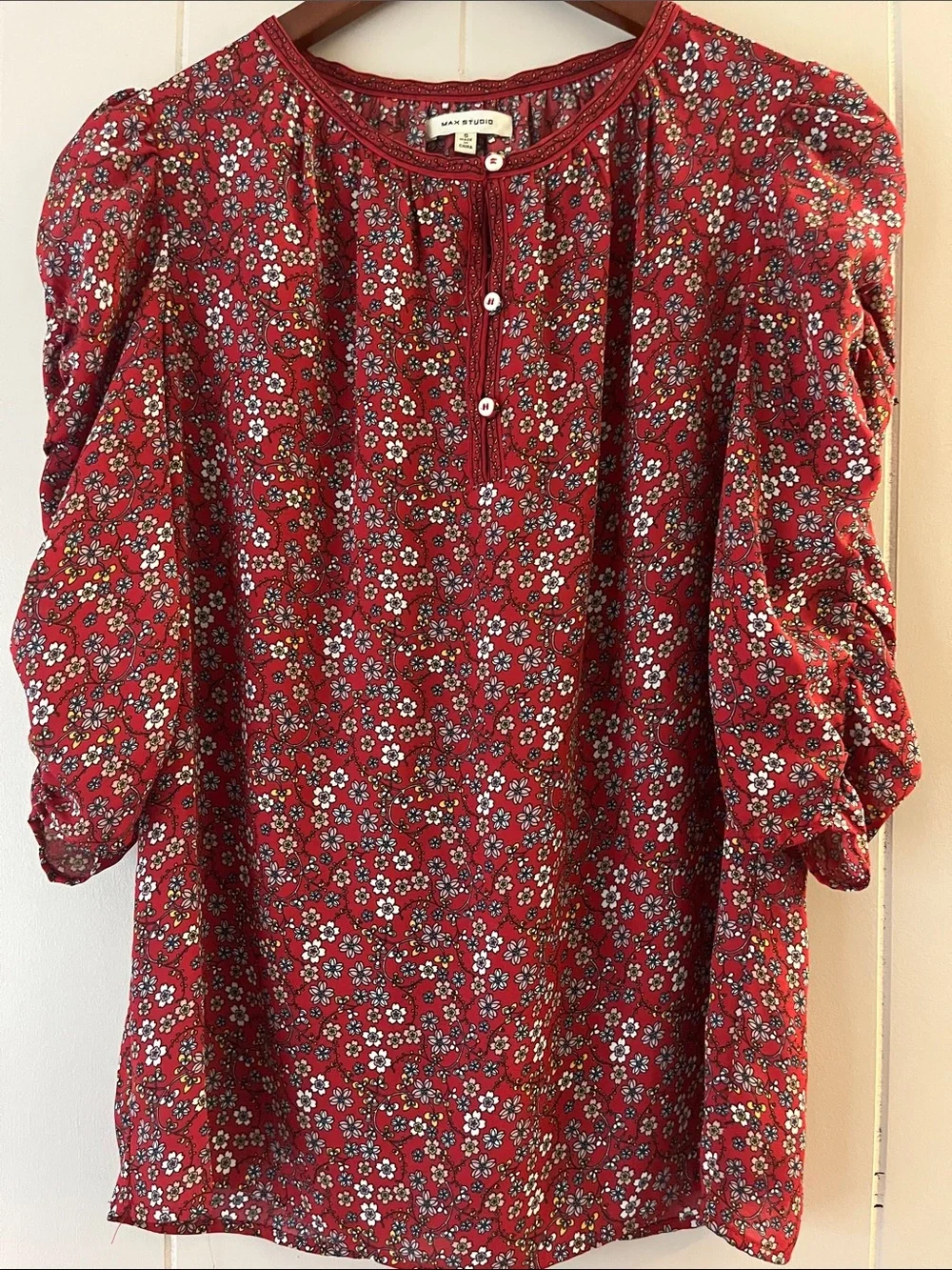 Madewell Red Floral Puff-Sleeve Button-Front Top